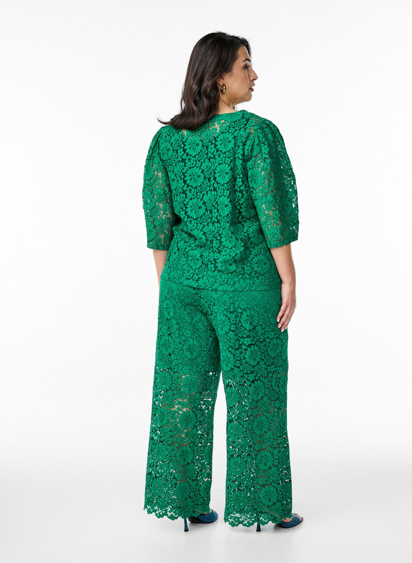 Lace trousers with a high waist and pockets, Green, Model image number 1