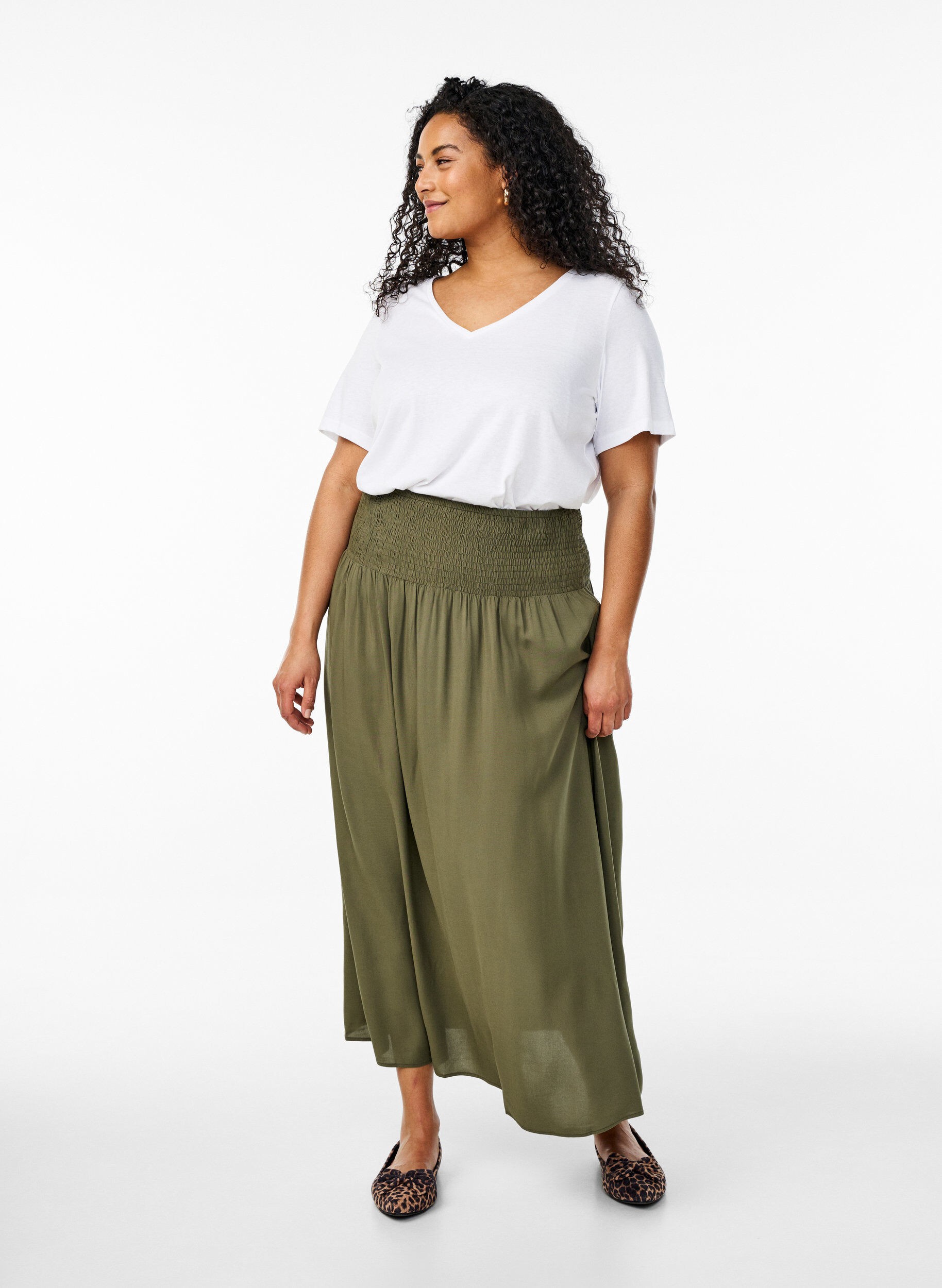 ZizzifashionViscose maxi skirt with smocking, Green, Model image number 0