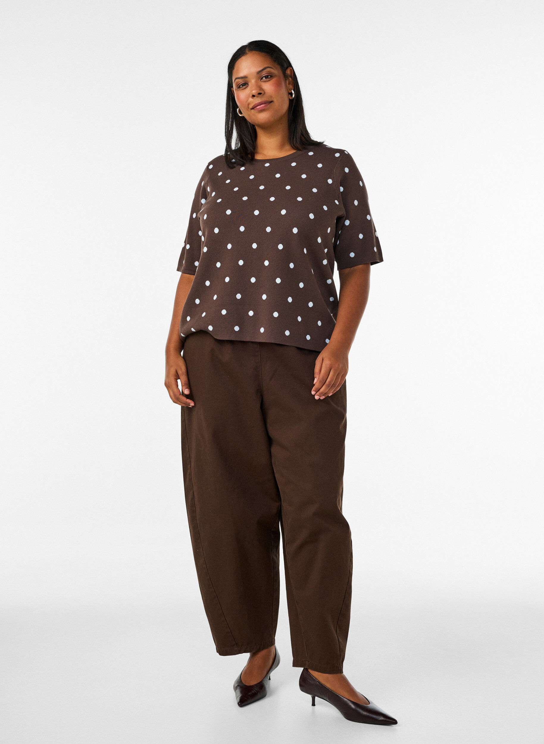 ZizzifashionShort-sleeved knitted blouse with polka dots, Brown, Model image number 1