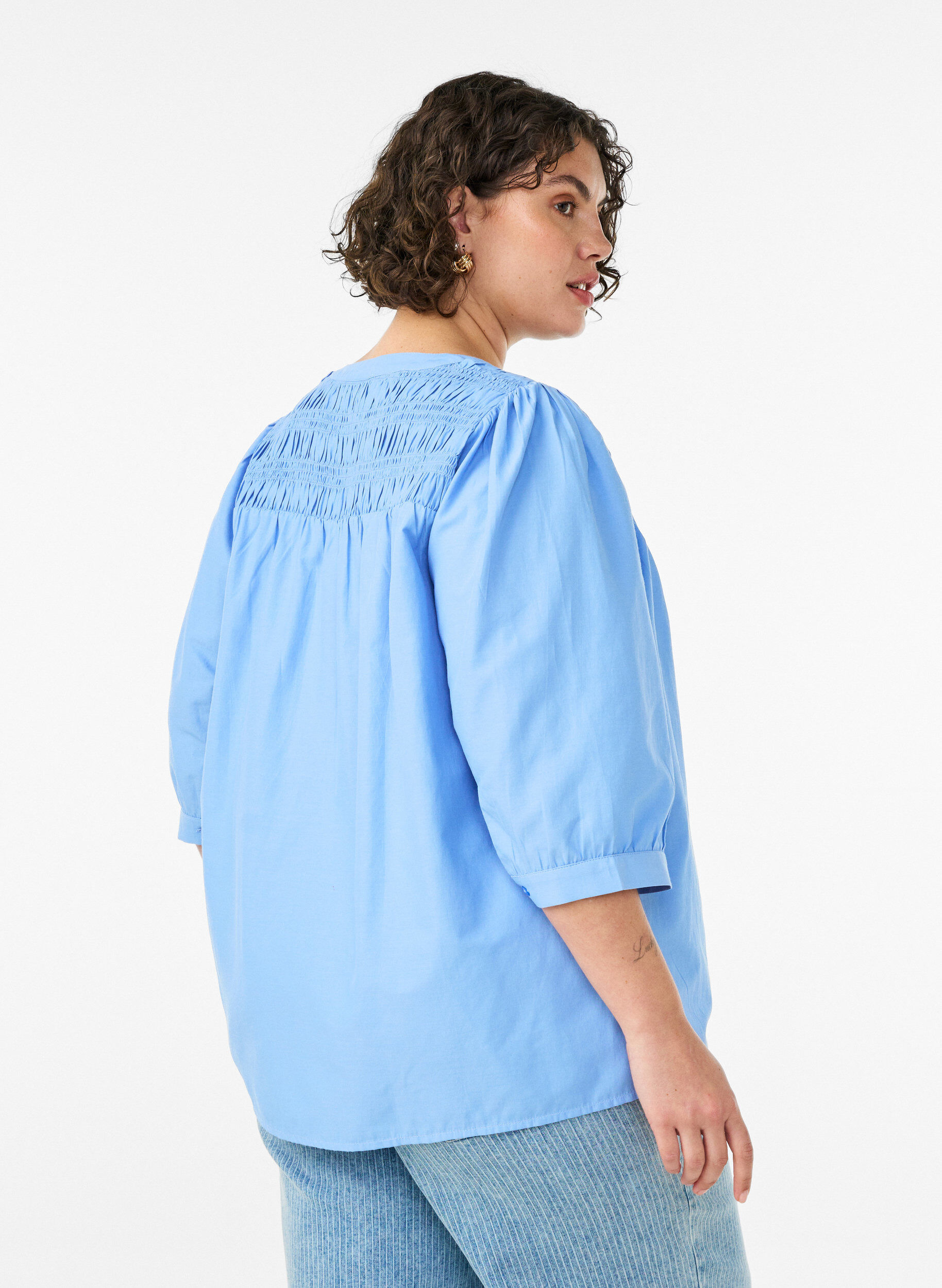 ZizzifashionBlouse with smock and 3/4 sleeves, Blue, Model image number 2