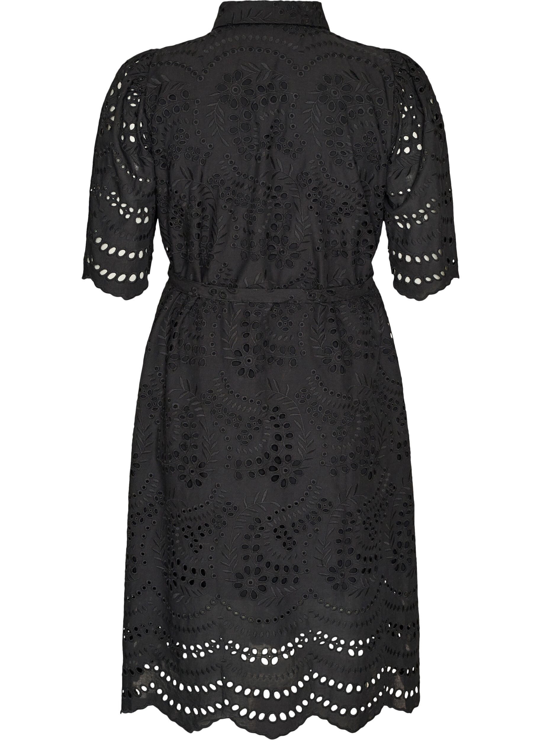 ZizzifashionShirt dress in broderie anglaise with a tie-belt, Black, Packshot image number 1