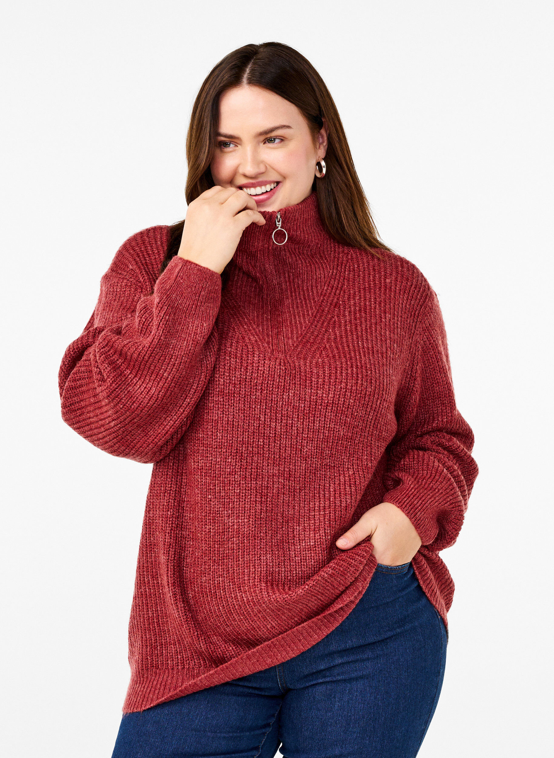 ZizzifashionKnitted sweater with high neck and zipper, Red, Model image number 0
