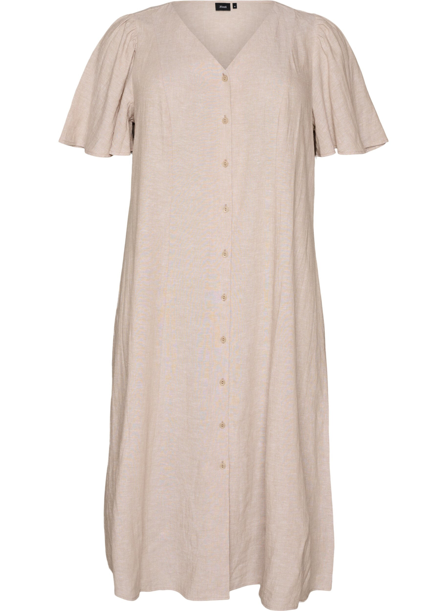 Midi dress in linen and viscose with ruffle sleeves
