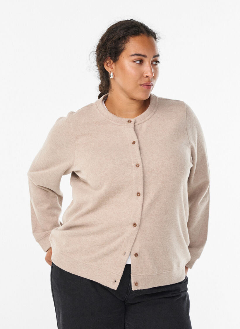 Jersey cardigan with round neck and buttons, Beige, Model image number 0