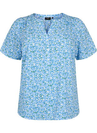 Blouse with short sleeves and v-neck, Blue Small Flower, Packshot image number 0