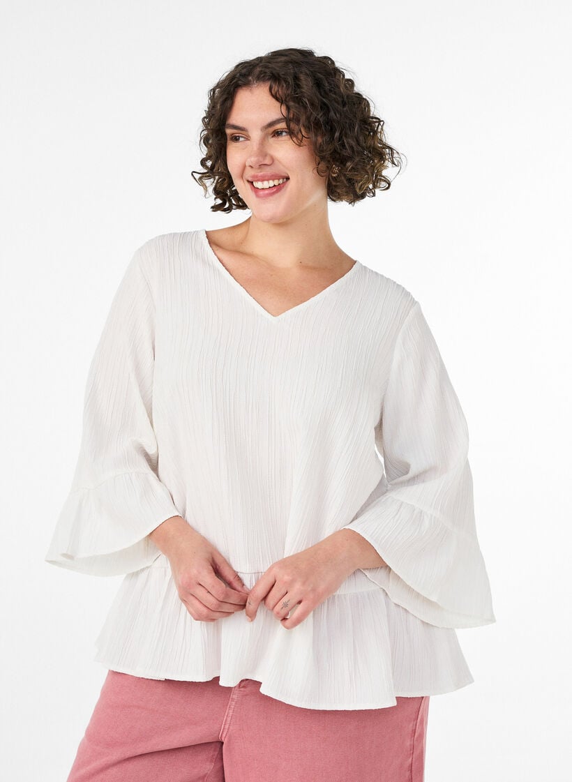 Blouse with texture, V-neck and ruffles, Vanilla, Model image number 0