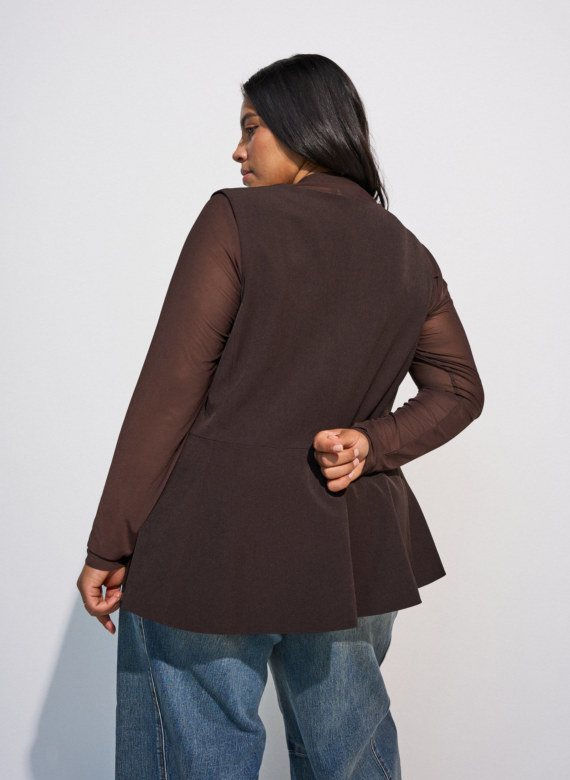 ZizzifashionFitted mesh blouse with long sleeves, Brown, Model image number 2
