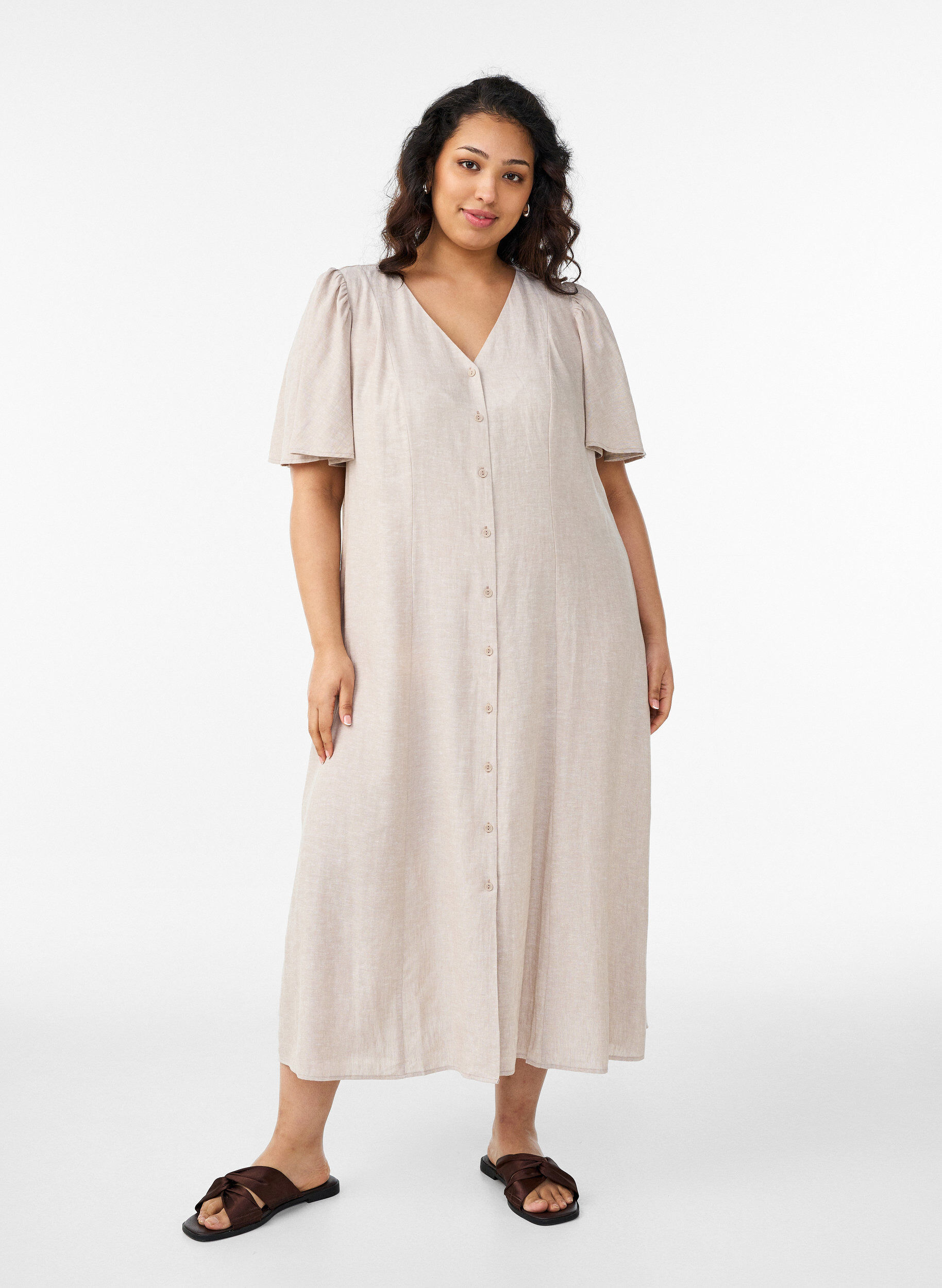 Midi dress in linen and viscose with ruffle sleeves, Beige, Model