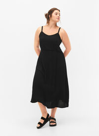 Plain coloured viscose strap dress with smock, Black, Model