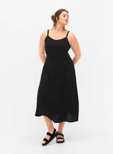 Plain coloured viscose strap dress with smock, Black, Model image number 0