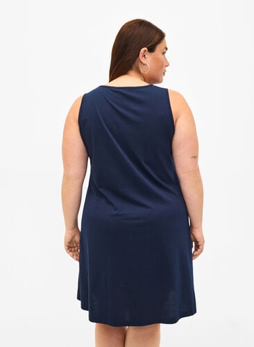 Sleeveless cotton dress with a-shape, Navy B. W. Escape, Model image number 1