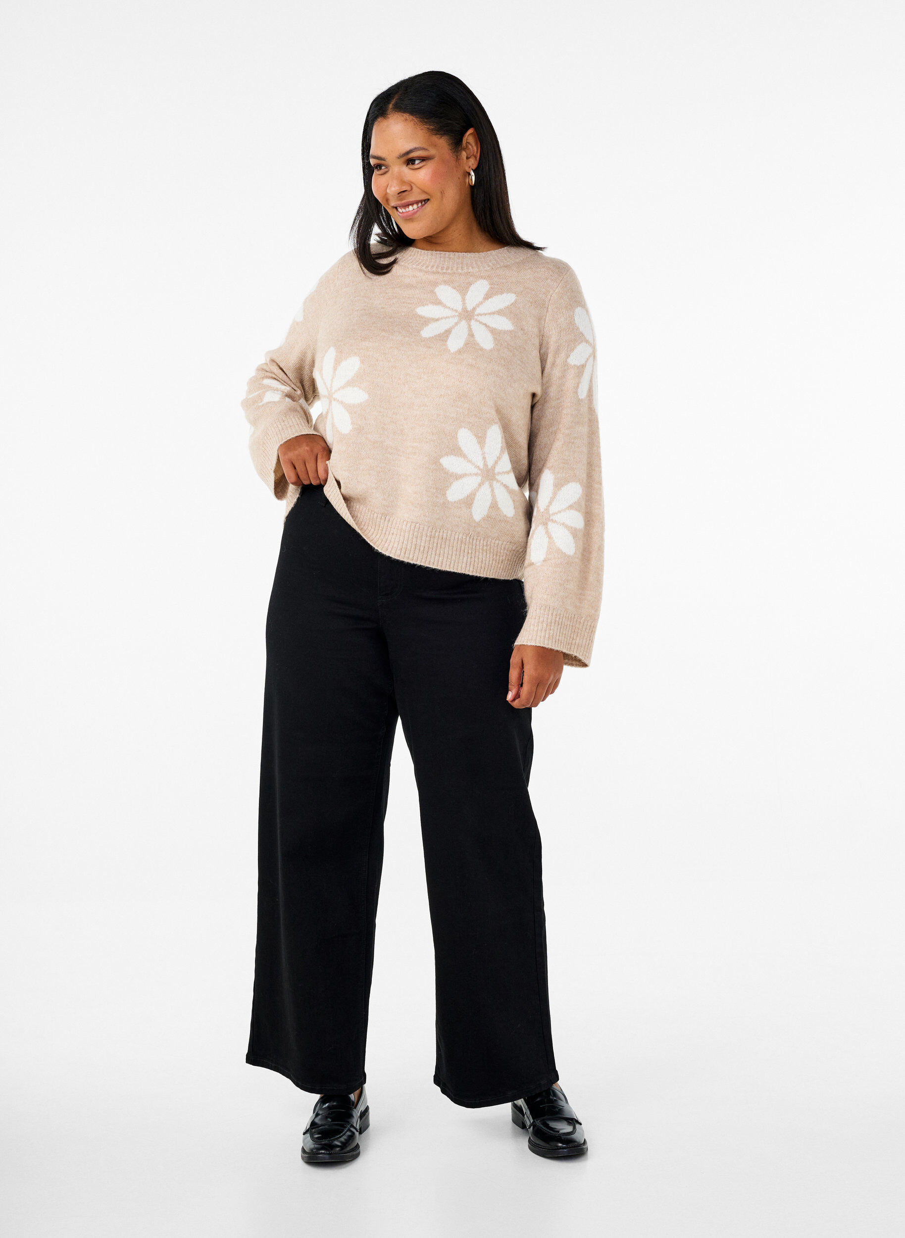 Zizzifashion Knitted blouse with flowers, Simply Taupe Comb, Model image number 2