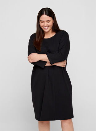Cotton dress with 3/4 sleeves and pockets, Black, Model image number 0