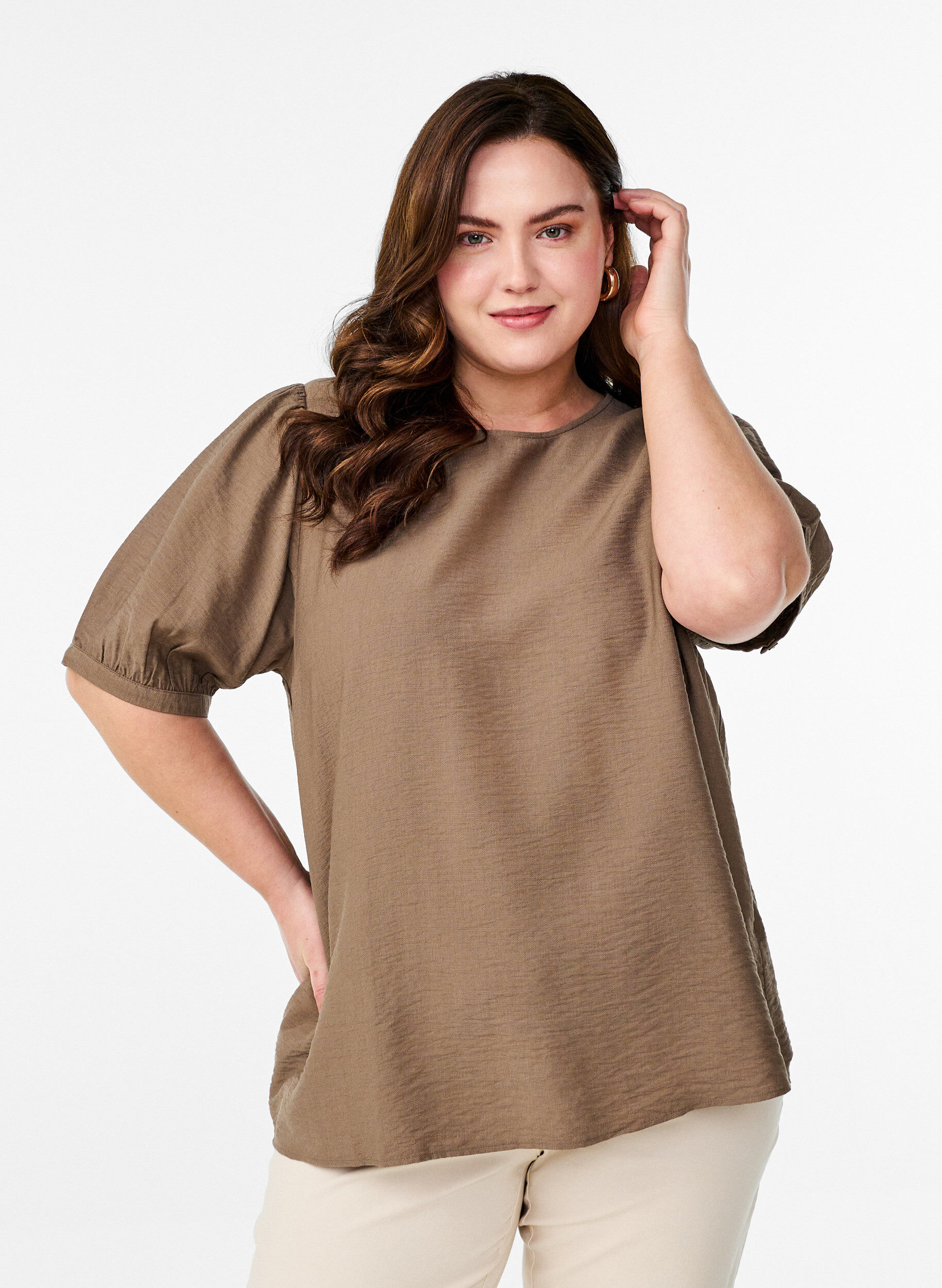 Zizzifashion Viscose blouse with 1/2 sleeves, Brown, Model image number 0