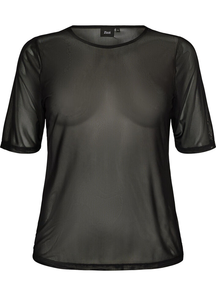 Mesh top with short sleeves and round neck, Black, Packshot image number 0