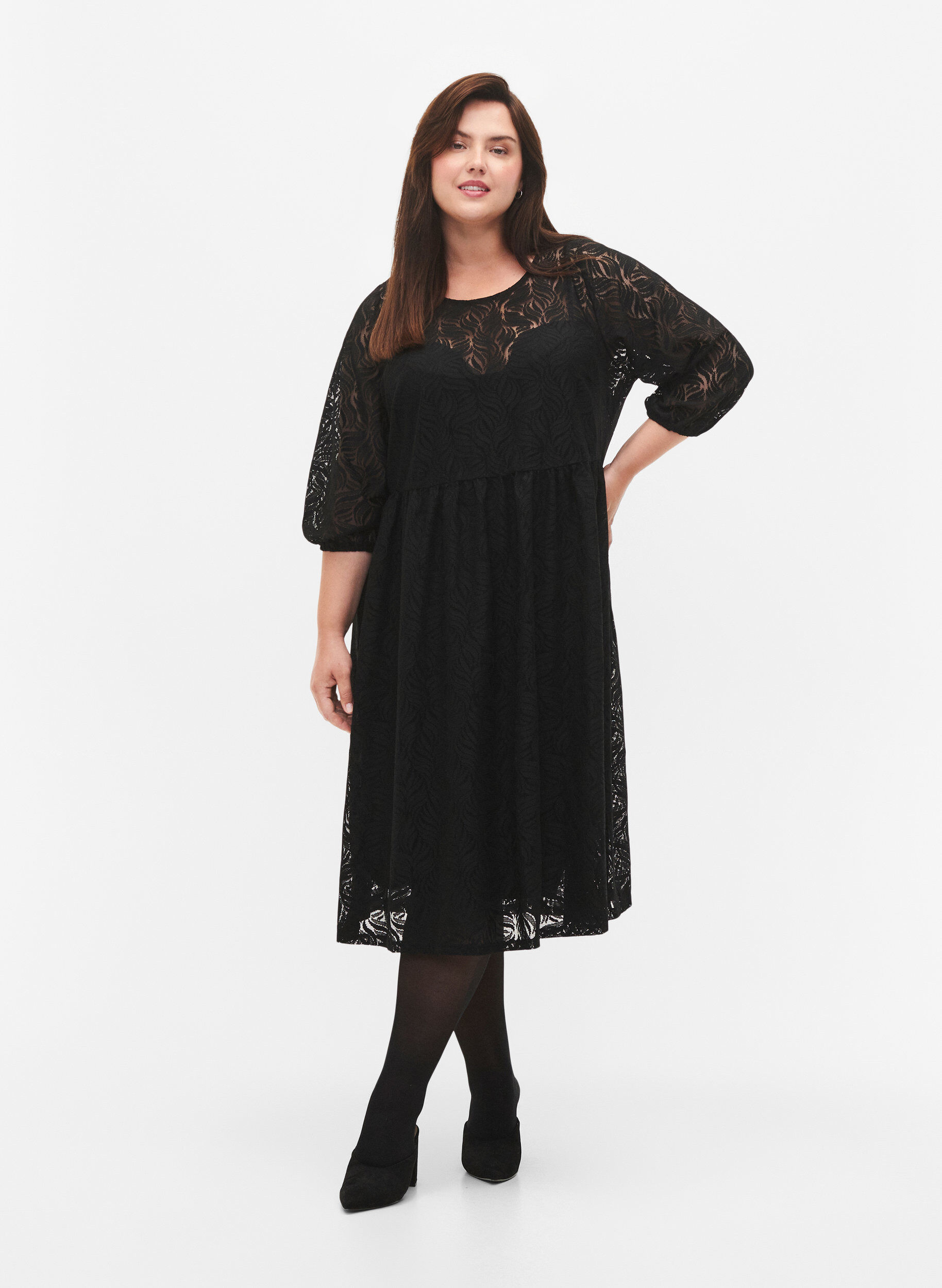 Zizzifashion Lace dress with 3/4 sleeves, Black, Model image number 2