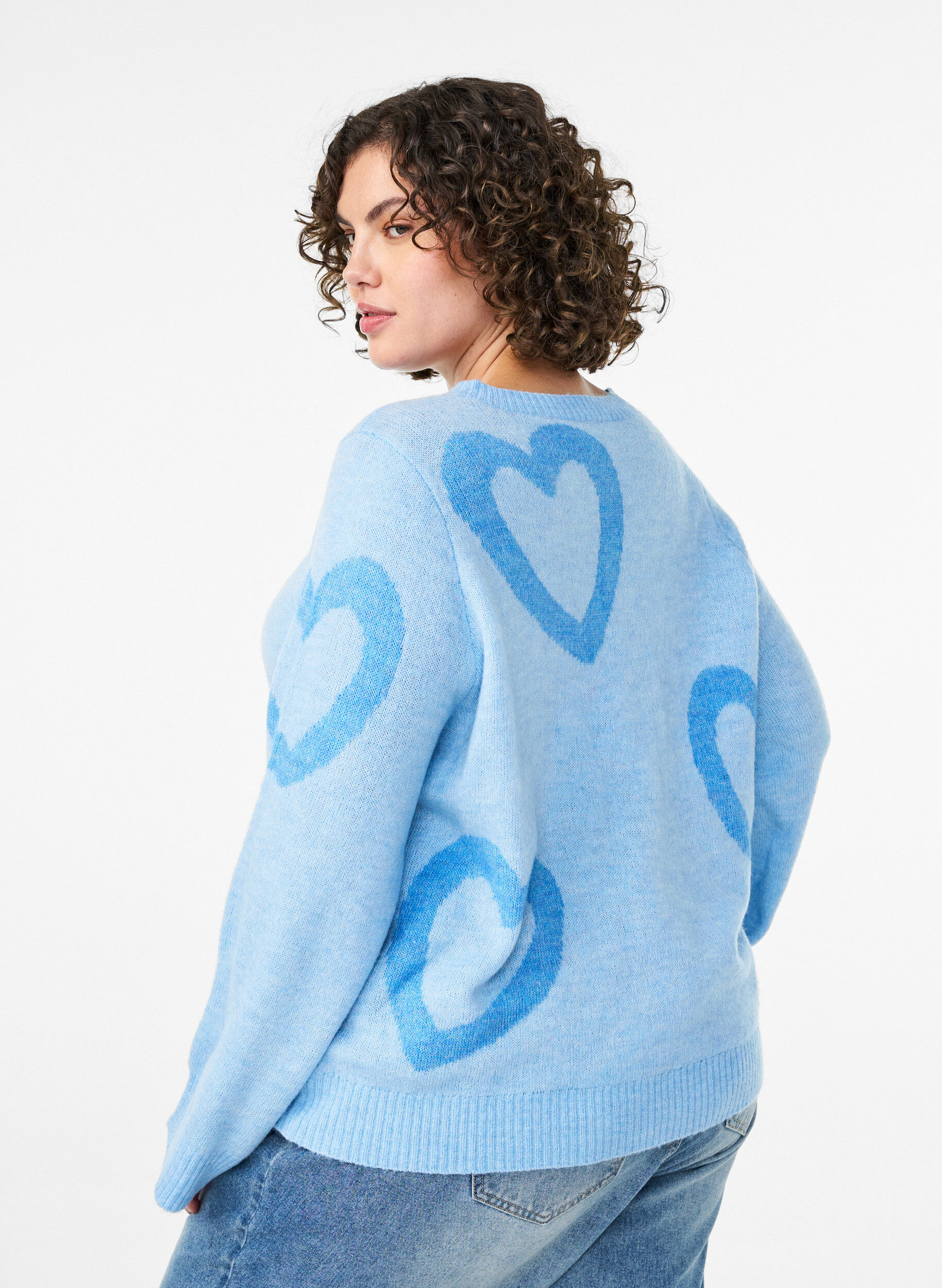 Zizzifashion Knit blouse with large hearts and round neckline, Blue, Model image number 2
