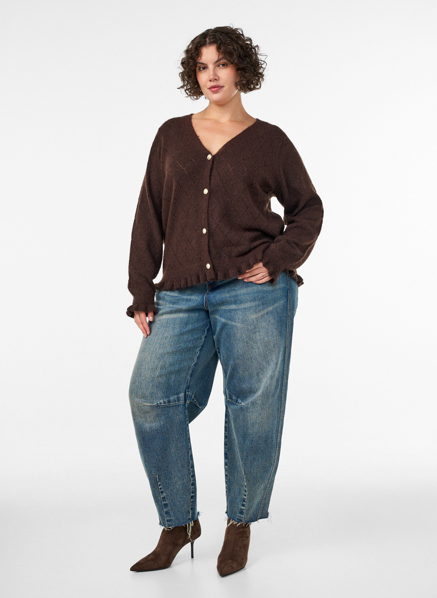 ZizzifashionCardigan with harlequin pattern and V-neck, Brown, Model image number 1