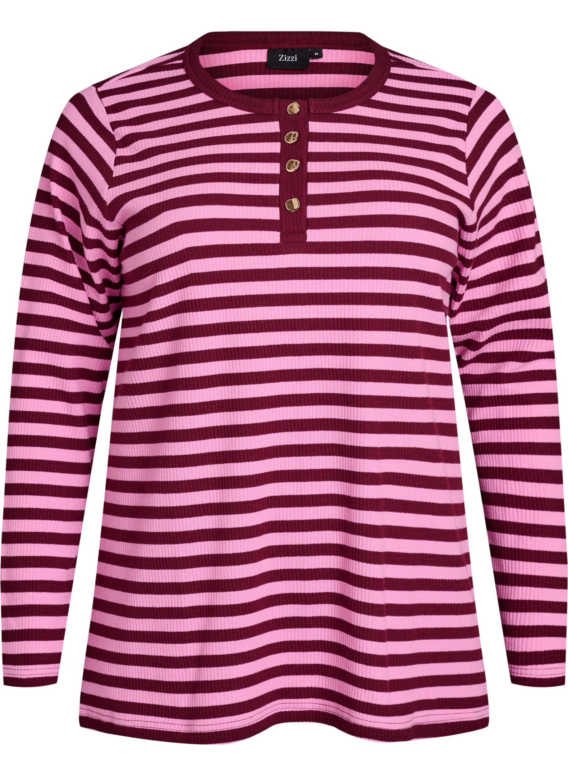 Zizzifashion Striped jersey blouse with a ribbed texture, Pink, Packshot image number 0