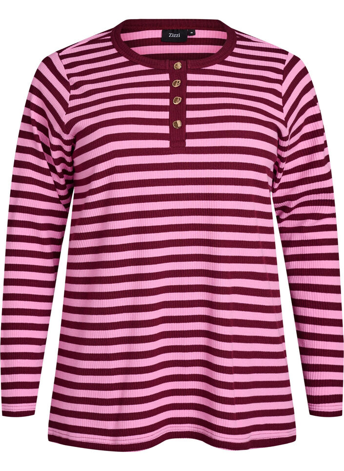 Striped jersey blouse with a ribbed texture, Pink, Packshot image number 0