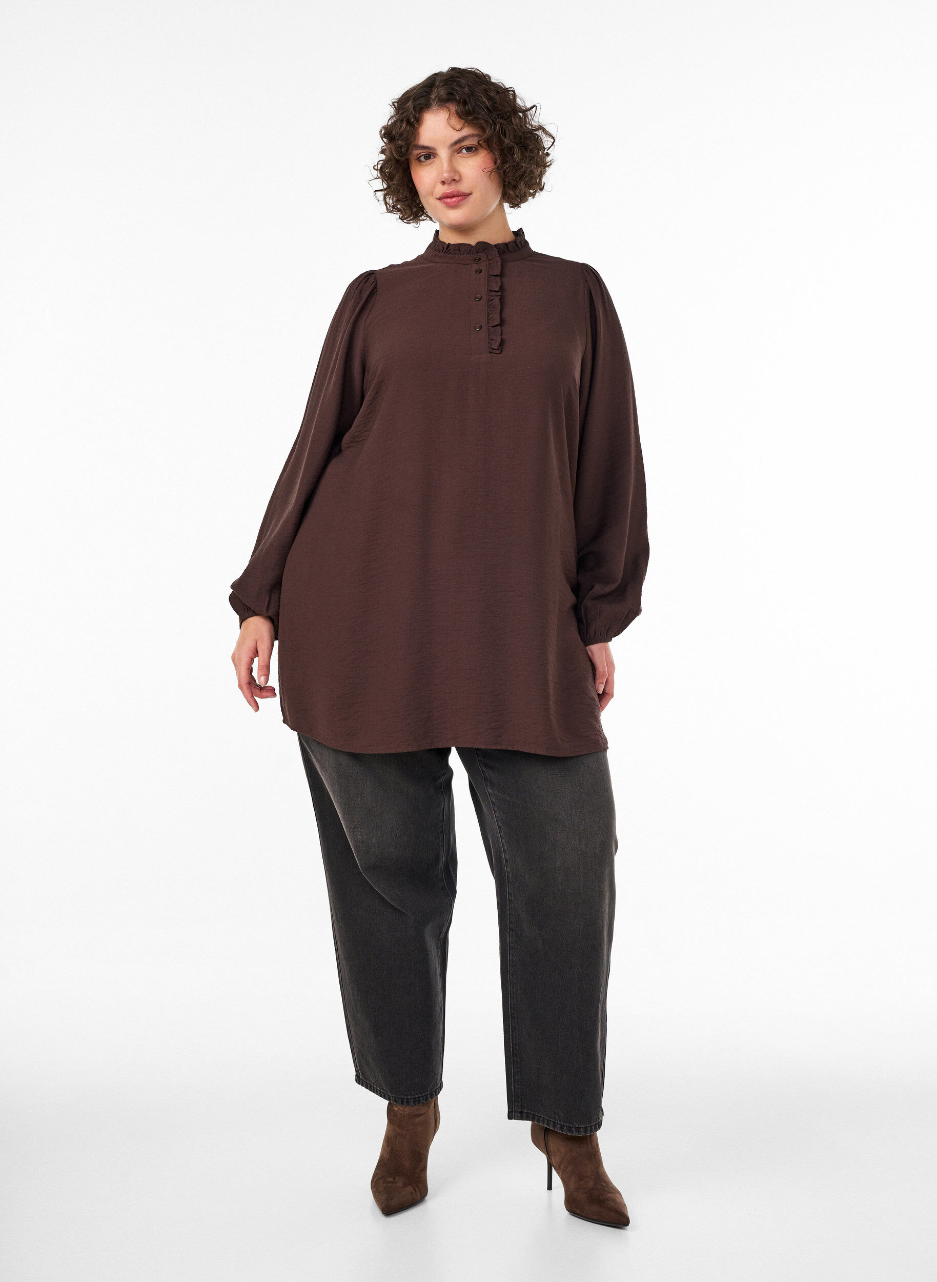 ZizzifashionViscose tunic with ruffles and buttons, Brown, Model image number 1