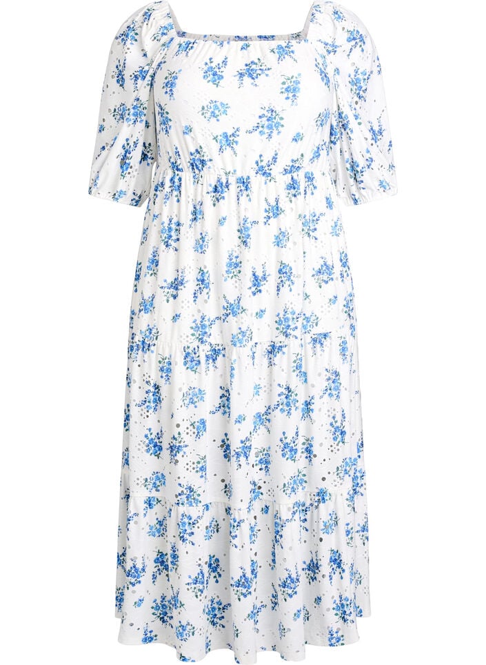 Ankle-length dress with floral print and eyelet embroidery, White, Packshot image number 0