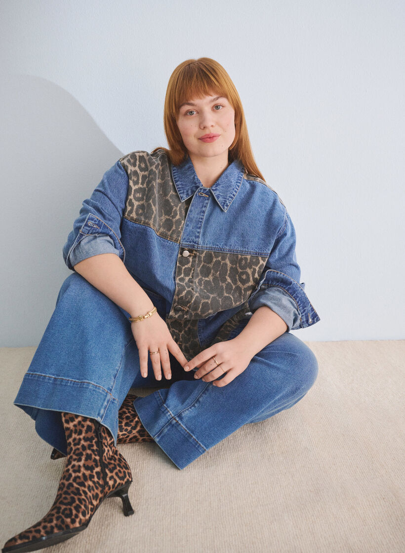 Denim shirt with leopard print details, Blue, Image image number 0