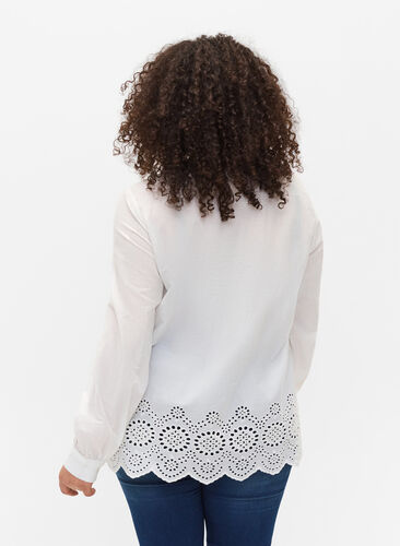 Long-sleeved cotton blouse with embroidery anglaise, Bright White, Model image number 1