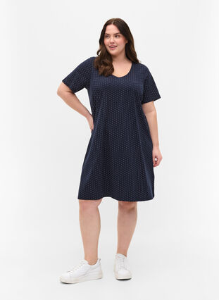 Short-sleeved cotton dress with a-shape, Night Sky Dots, Model image number 2