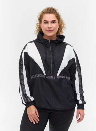 Hooded exercise jacket with print details, Black, Model image number 0