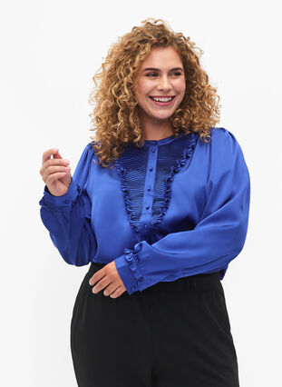 Satin shirt blouse with ruffle details, Deep Ultramarine, Model image number 2