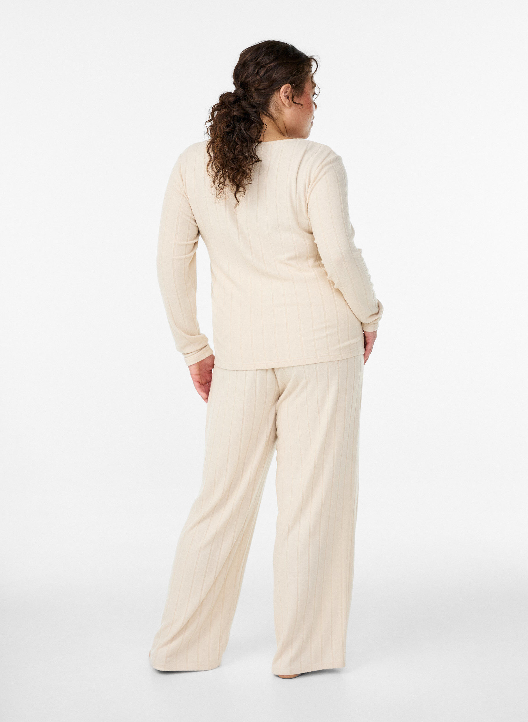 Zizzifashion Ribbed jersey lounge trousers with a high waist, Beige, Model image number 1