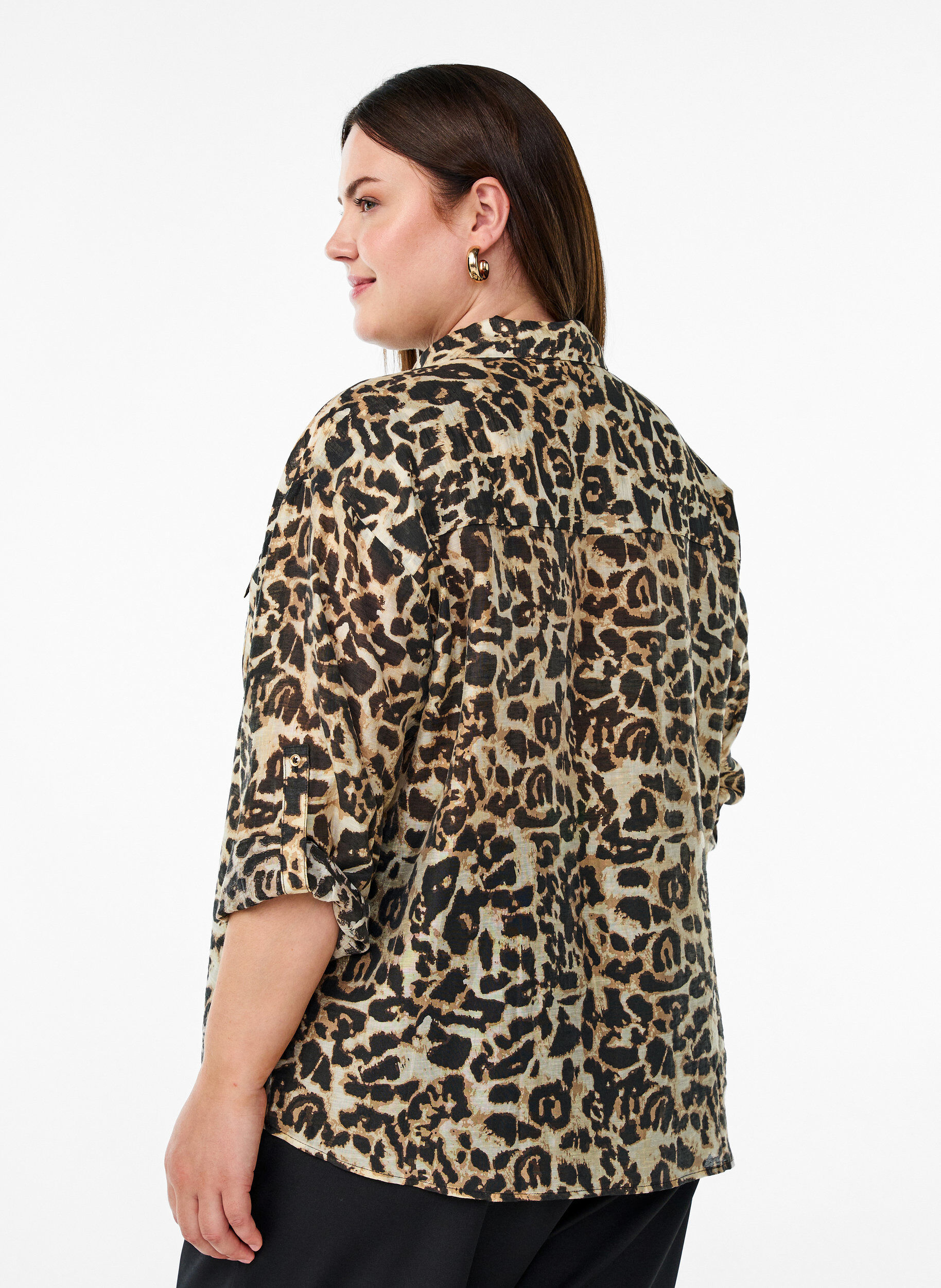 Zizzifashion Loose shirt with animal print and chest pockets, Brown, Model image number 2