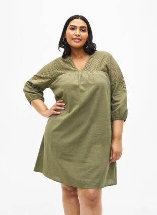 Dress in a cotton blend with linen and crochet detail, Deep Lichen Green, Model image number 0