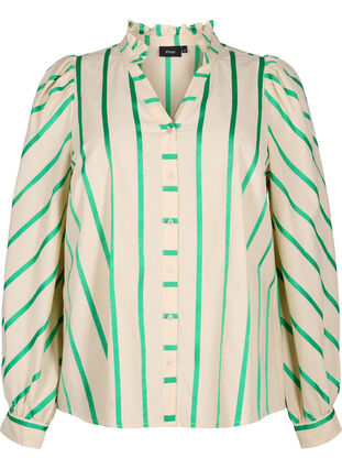 Striped cotton shirt blouse with ruffle collar, Beige Green Stripe, Packshot image number 0