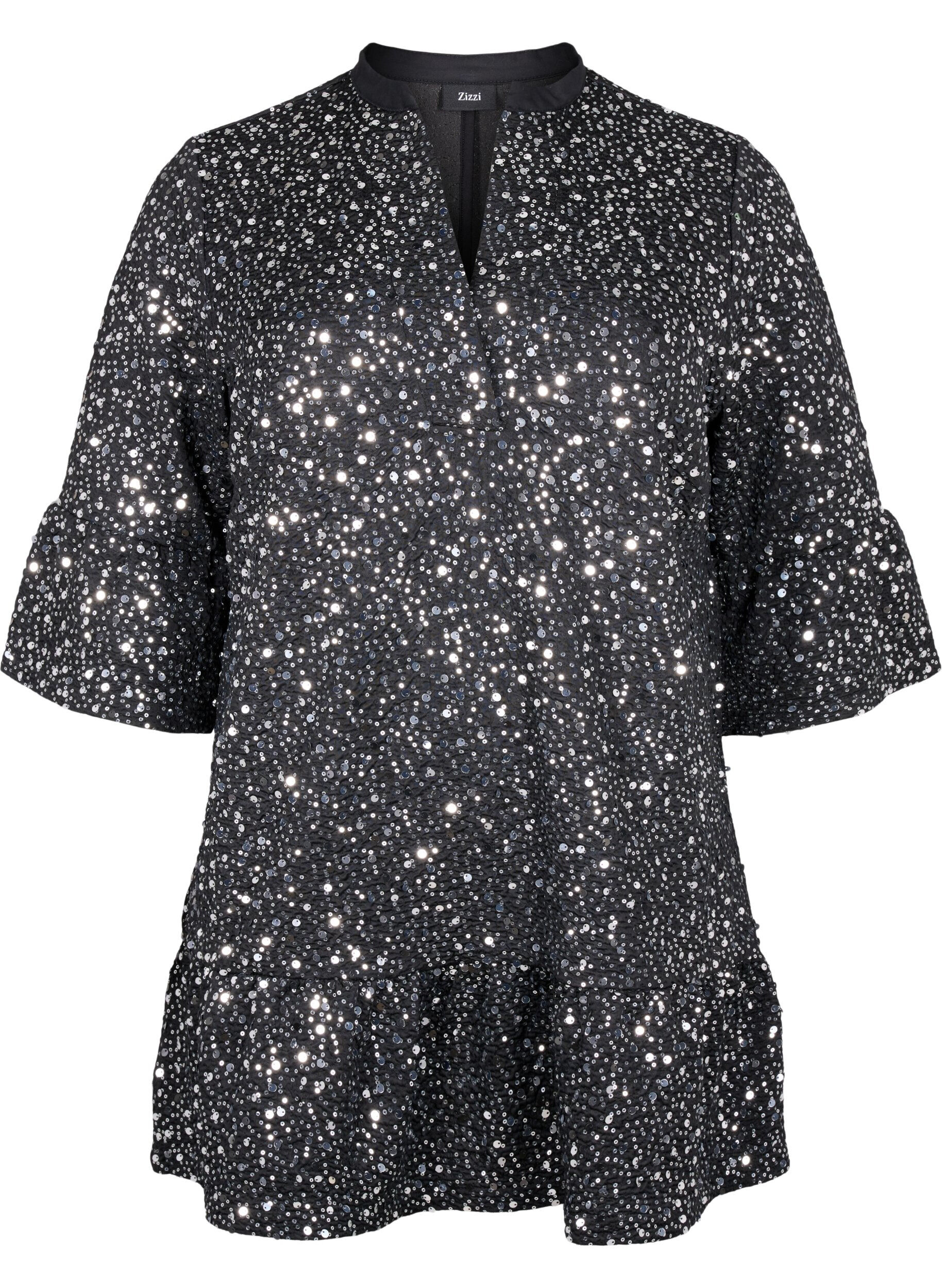 Zizzifashion Sequin dress with a V-neck and 3/4 sleeves, Black w. Sequins, Packshot image number 0