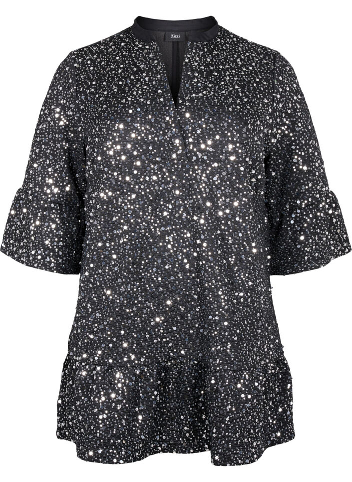 Sequin dress with a V-neck and 3/4 sleeves, Black w. Sequins, Packshot image number 0