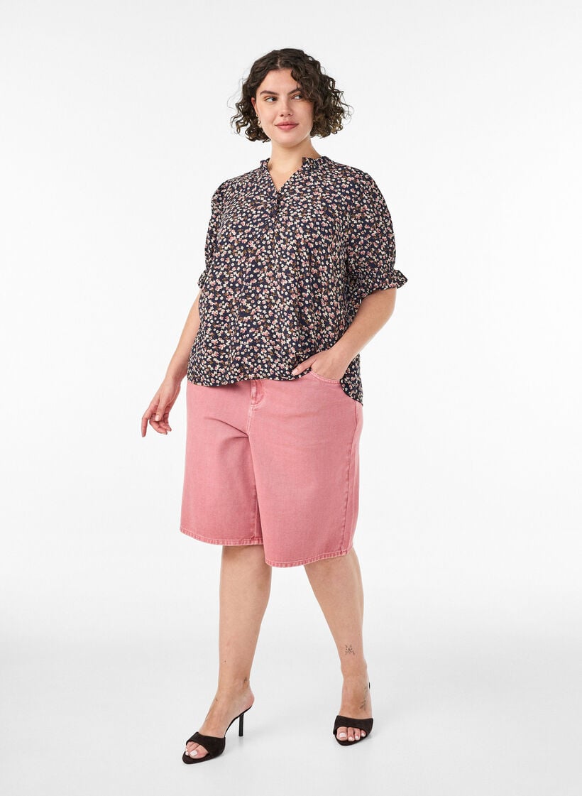 Floral viscose blouse with short sleeves and smock details, Blue, Model image number 1