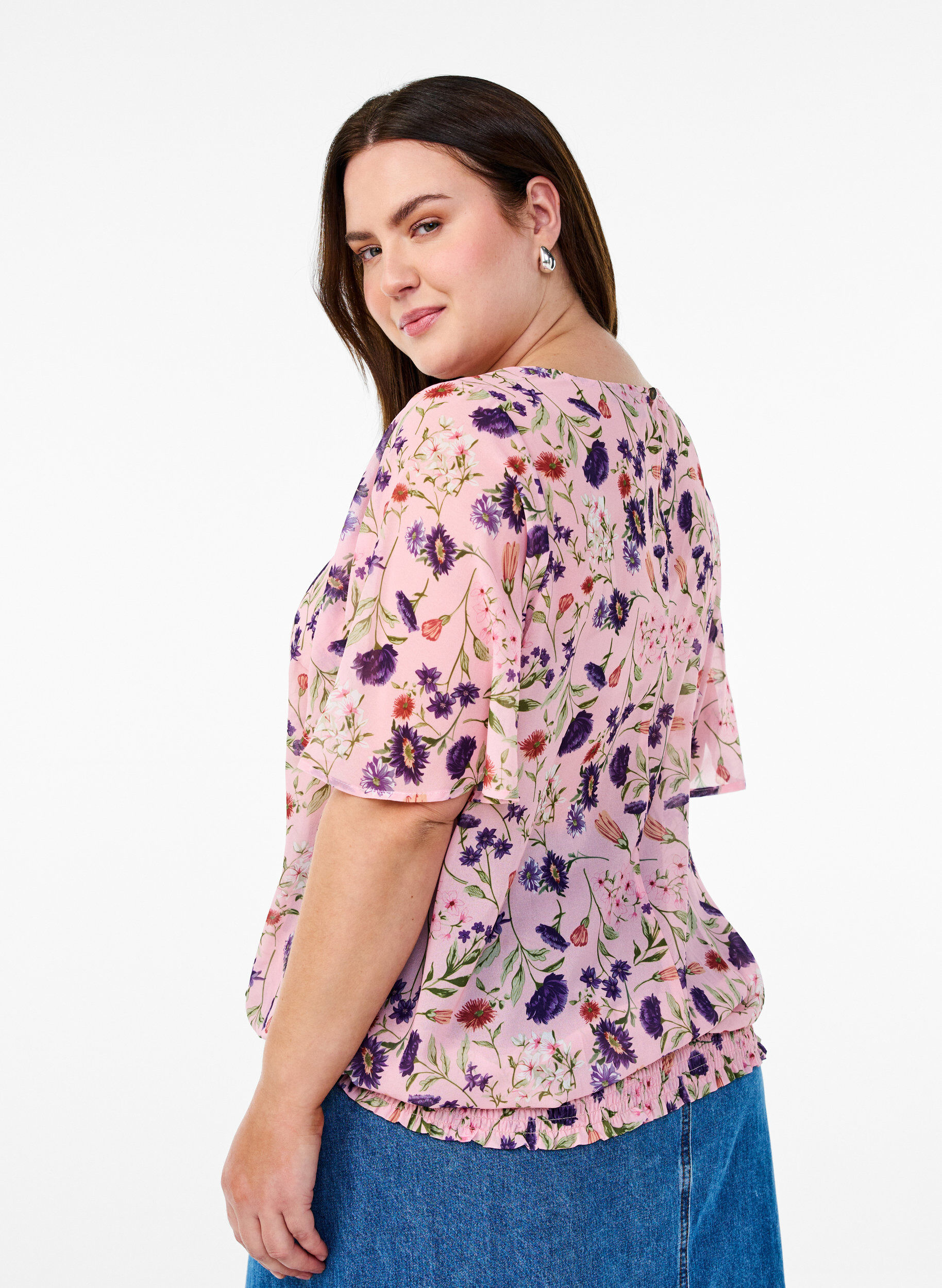 Zizzifashion Floral blouse with short sleeves and smock, Rose, Model image number 2