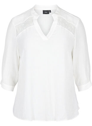Viscose blouse with 3/4 sleeves and lace details, Bright White, Packshot image number 0