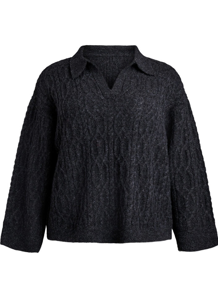 Cable knit sweater with polo collar, Dark Grey, Packshot image number 0