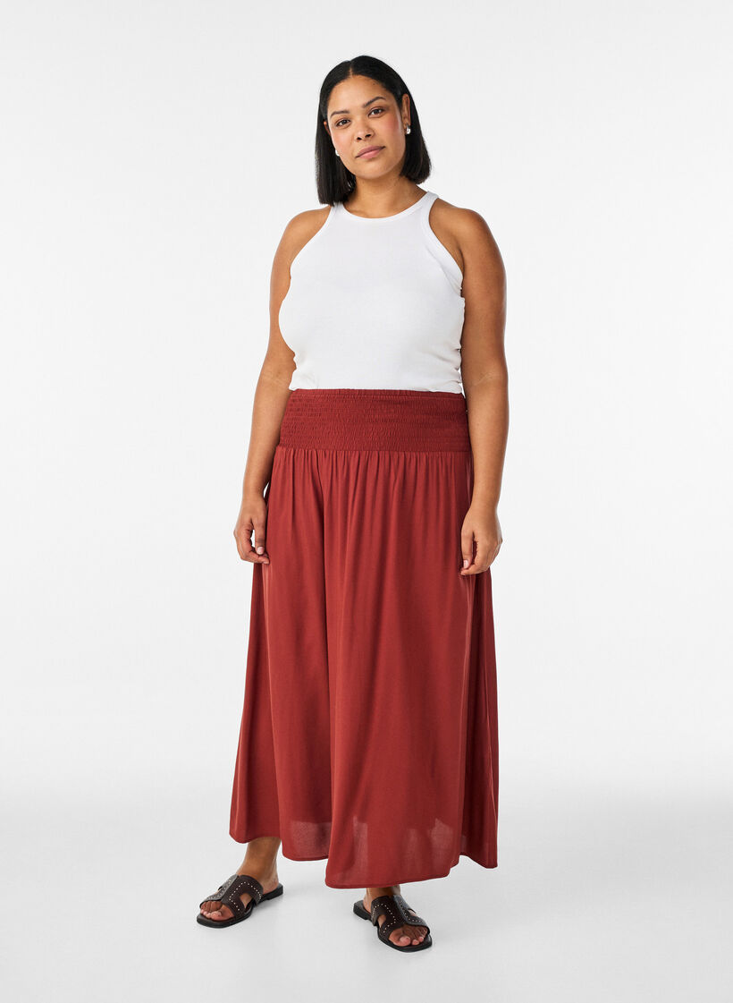 Viscose maxi skirt with smocking, Red, Model image number 0