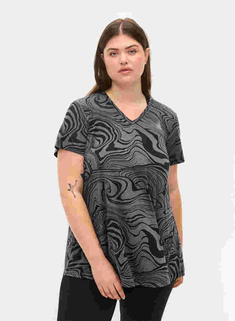 Printed workout t-shirt with v-neck, Black, Model image number 0