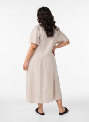 Midi dress in linen and viscose with ruffle sleeves - Beige - Sz. S - Zizzifashion Midi dress in linen and viscose with ruffle sleeves - Beige - Sz. S - Zizzifashion