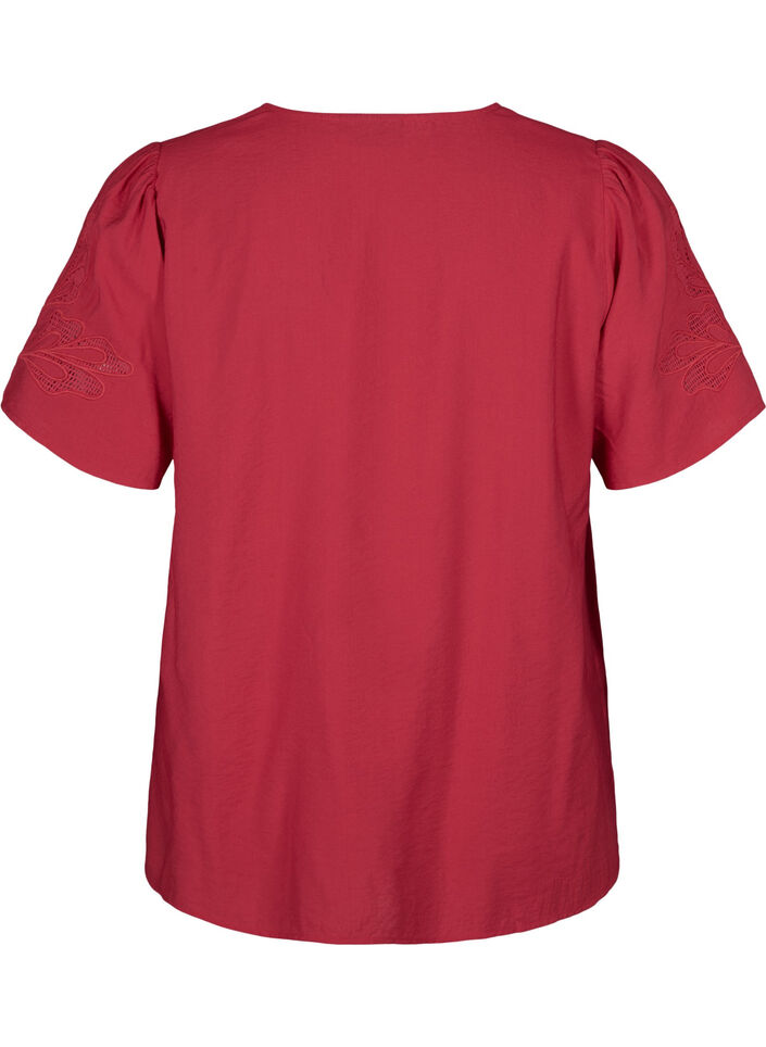 Short sleeve viscose blouse with embroidery, Red, Packshot image number 1