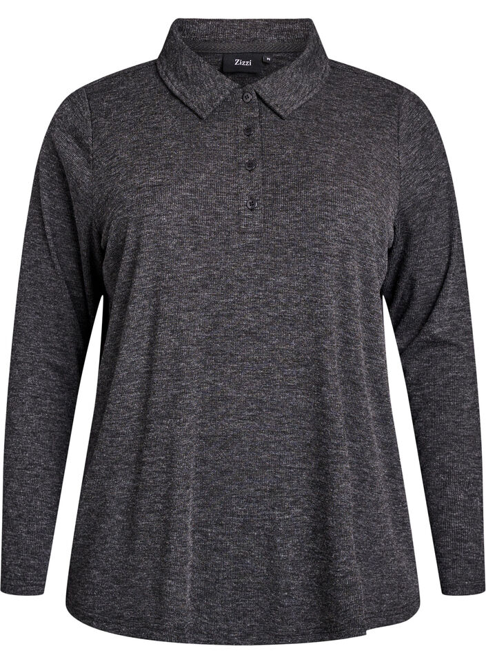 Long-sleeved polo in stretchy ribbed quality, Dark Grey, Packshot image number 0