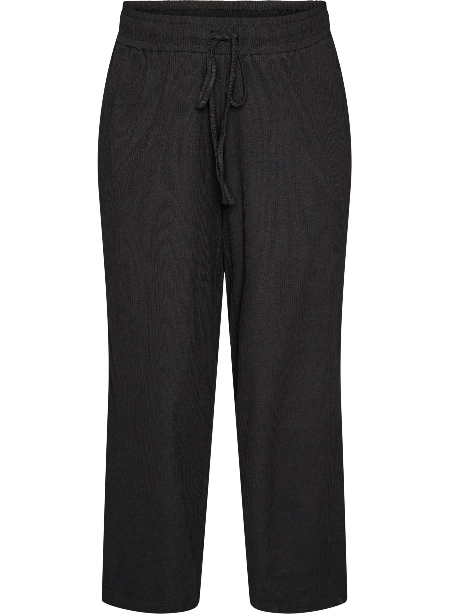ZizzifashionRibbed pyjama bottoms with straight legs, Black, Packshot image number 0