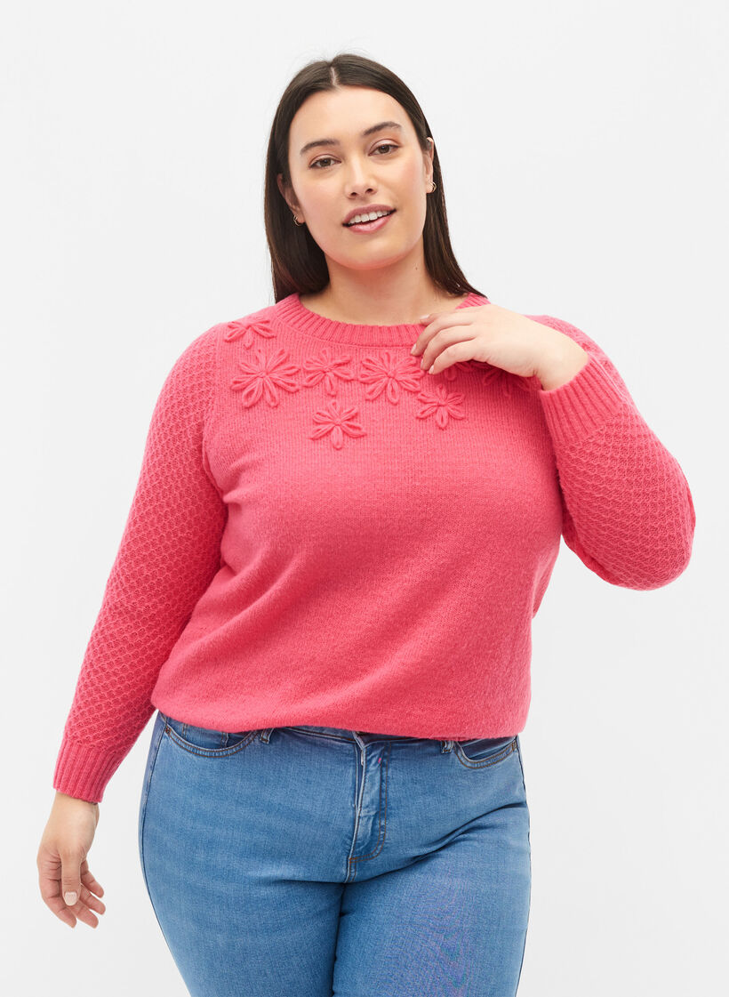 Knitted jumper with flower details, Hot Pink, Model image number 0
