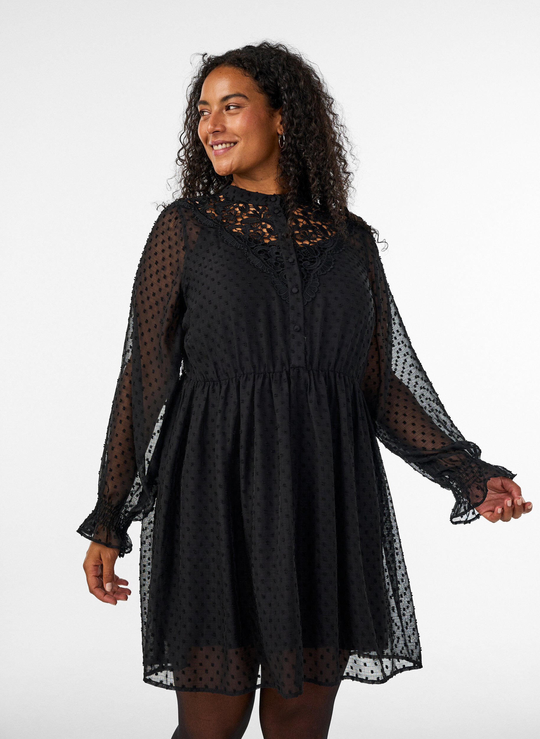 Chiffon dress with guipure lace and empire line, Black, Model
