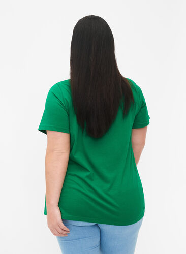 Cotton t-shirt with text print and v-neck, Jolly Green ORI, Model image number 1